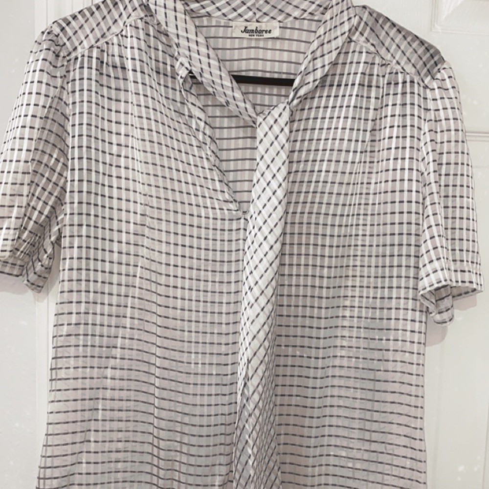 Grey and white tie neck blouse